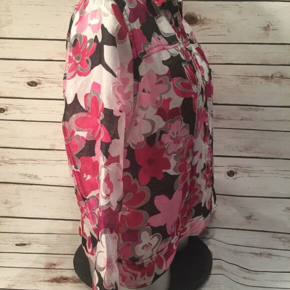 Lightweight Semi-Sheer Floral Zip Jacket Petite Med PM Pink Black White - Picture 5 of 8